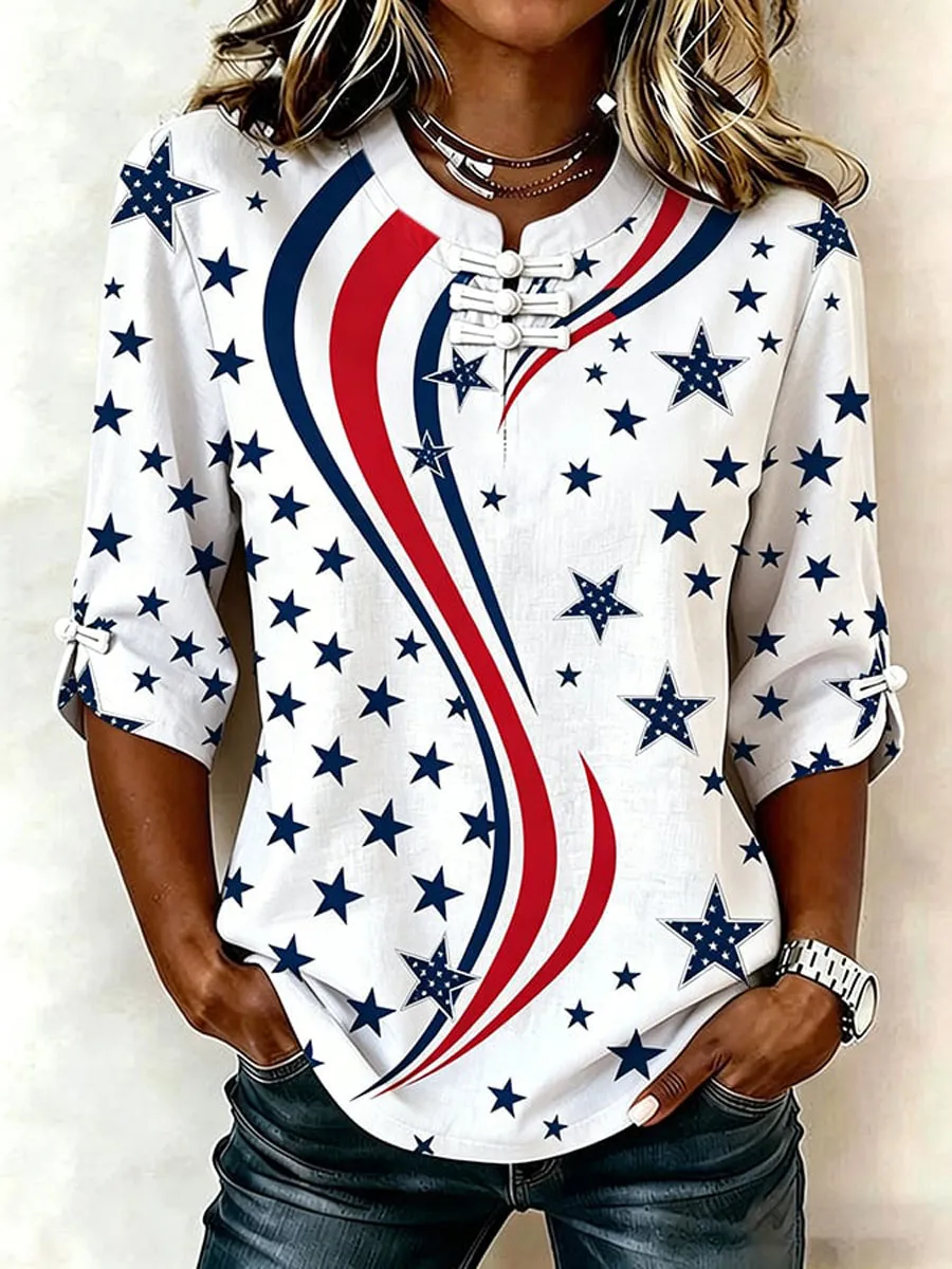 Women's Cotton Linen USA 250th Anniversary Print Shirt