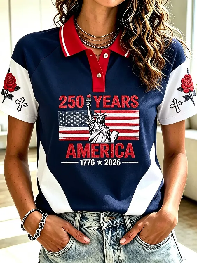 Ladies' Leisure America 250Th Anniversary Embroidered Flower Personalized Printed V-Neck T-Shirt
