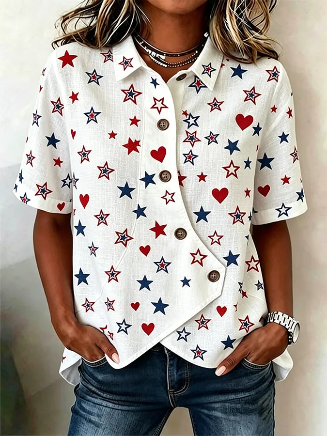 Women's Casual American Star Striped Printed Top