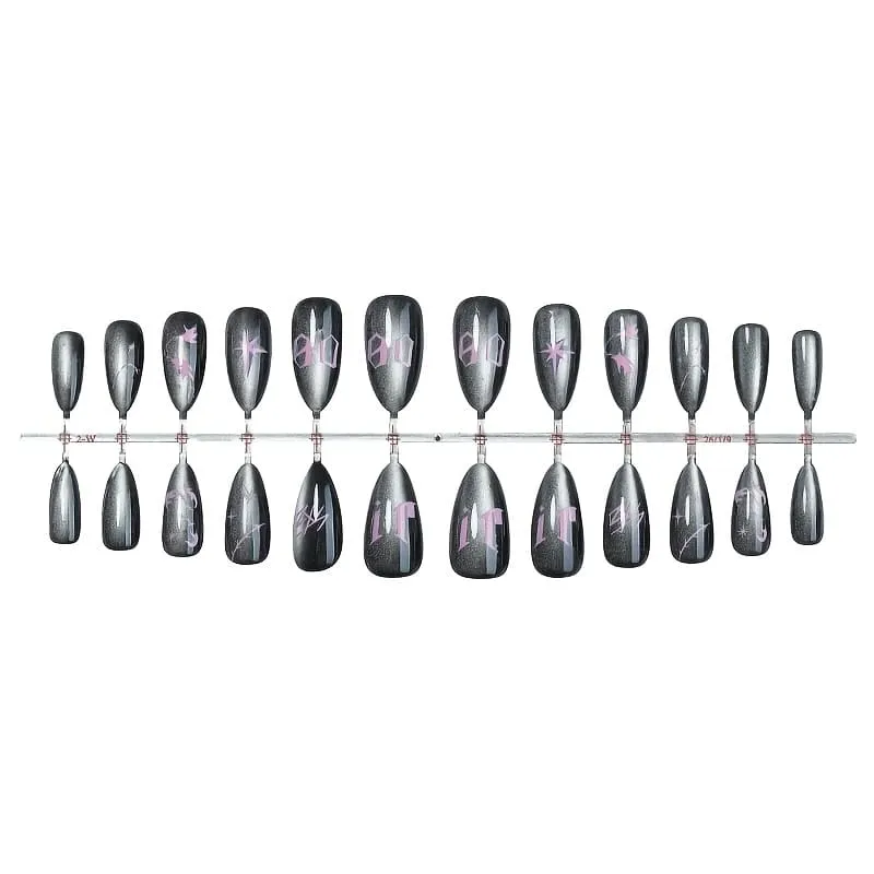 Nailhour 24Pcs Black Cat Eye Pink Print Gothic French Medium Almond Press On Nails
