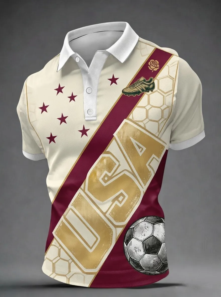 Men's USA Soccer Fan Stars and Ball Printed Polo Shirt