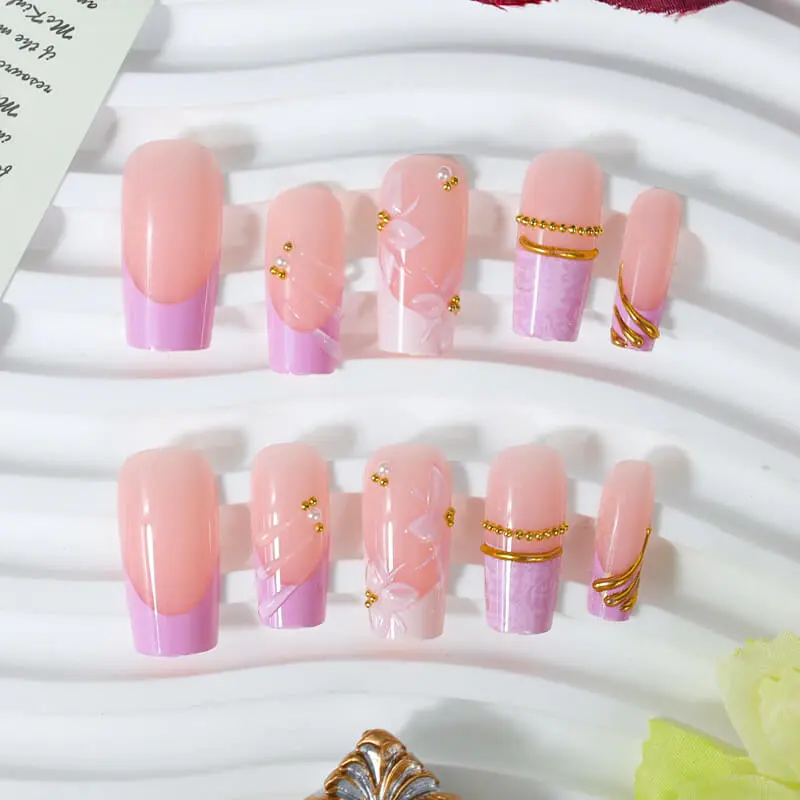 Nailhour 24Pcs Gilded French Medium SquarePress On Nails