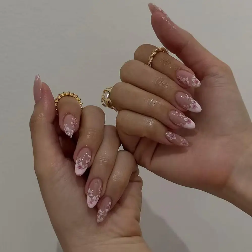 Nailhour 24Pcs Medium Almond Floral Press On Nails