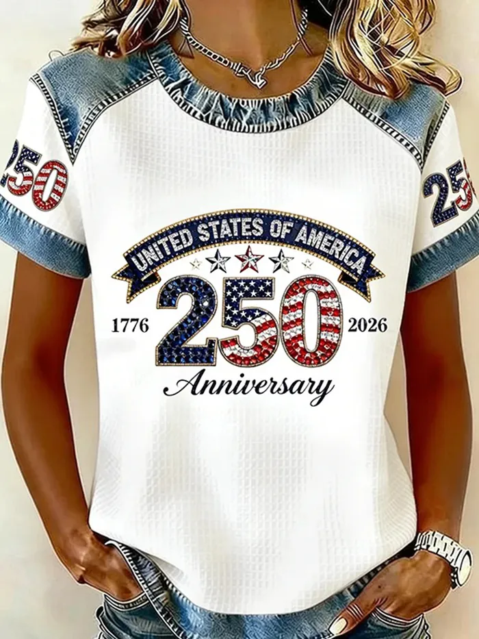 Ladies' Casual 150Th Anniversary Of The Founding Of The United States Printed Round Neck Top