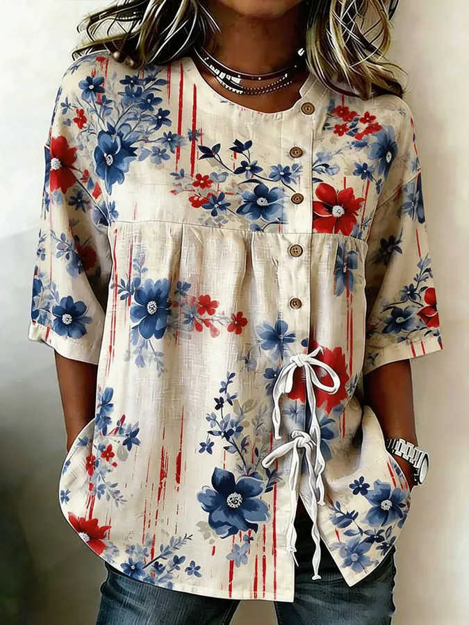 Women'S Retro Independence Day Flag Flower Art Casual Short Sleeved Shirt