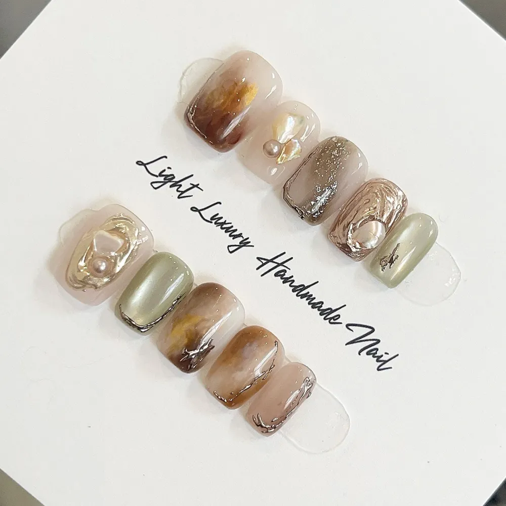 Nailhour 10Pcs 3D Gilded  Autumn Short Square Press On Nails