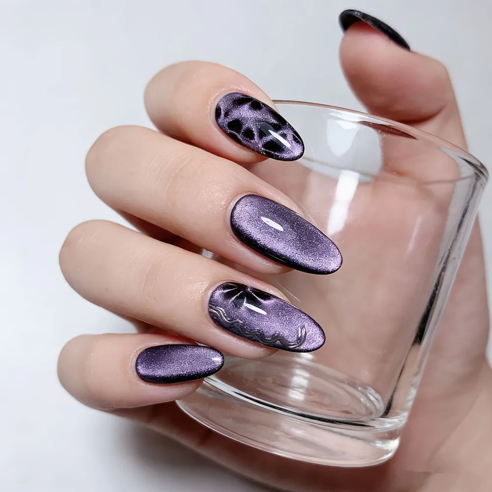 Nailhour 10Pcs French Glitter Cat Eye Purple Minimalist Medium Almond Press On Nails