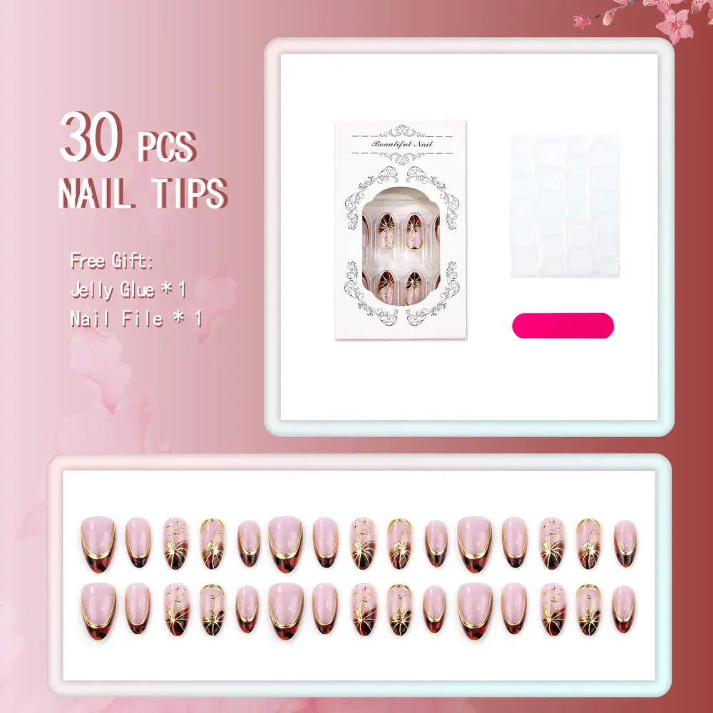Nailhour 30Pcs Red Gilded French Medium Almond Press On Nails
