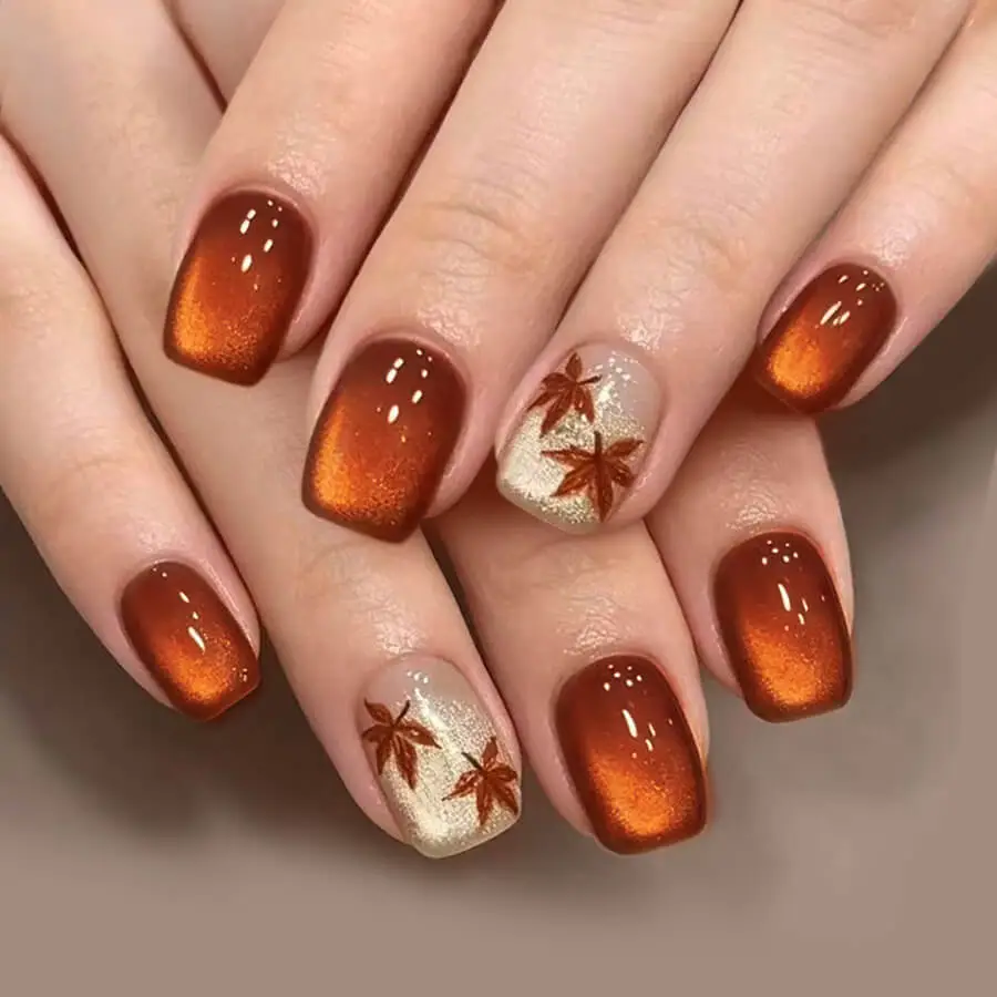 Nailhour 24Pcs Orange Holiday Short Square Cat Eye Press On Nails