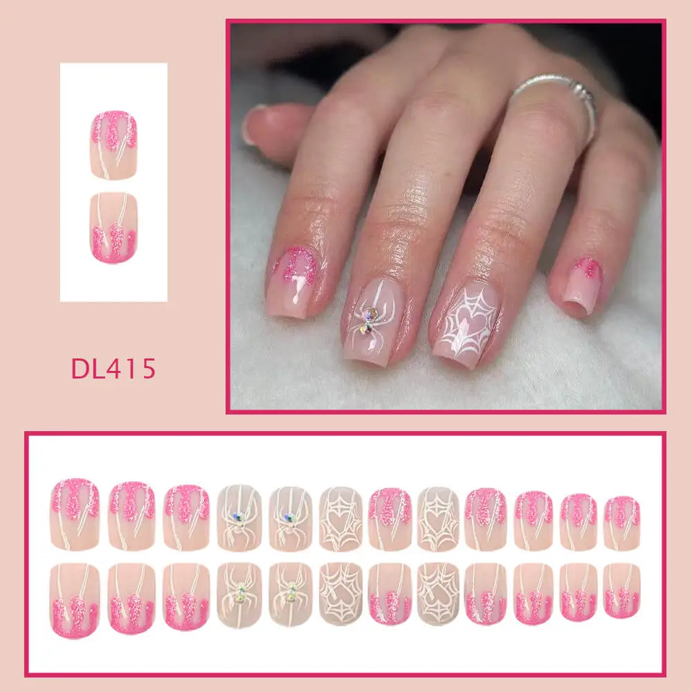 Nailhour 24Pcs Pink Halloween Chrome Short Square Press On Nails