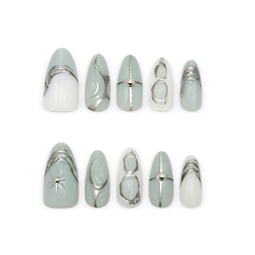 Nailhour 30Pcs Cool Tones Gradient 3D Medium Almond French Press On Nails