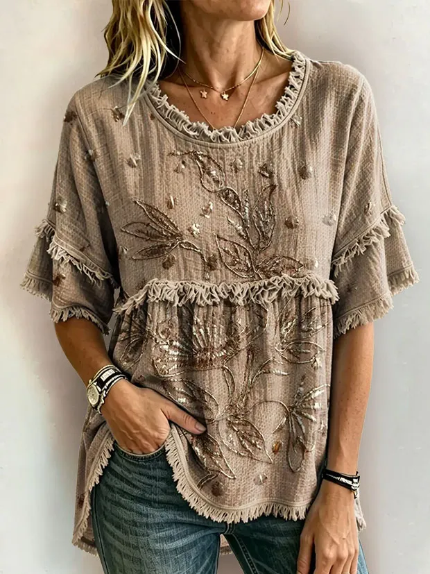 Women's Floral Print Round Neck Fringe Top