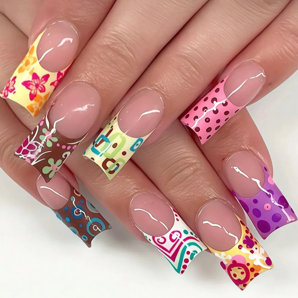 Nailhour 24pcs Medium Square Features White French Tips With Pink Circle Accents Press On Nails