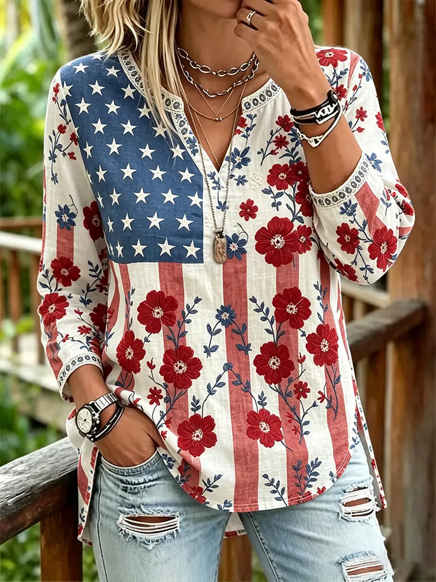 Women's Casual American Independence Day Floral Shirt