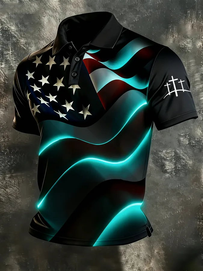 Men'S American Flag Print Casual Polo Shirt