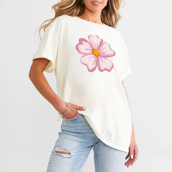 Casual T-Shirt With Pink And White Floral Pattern.