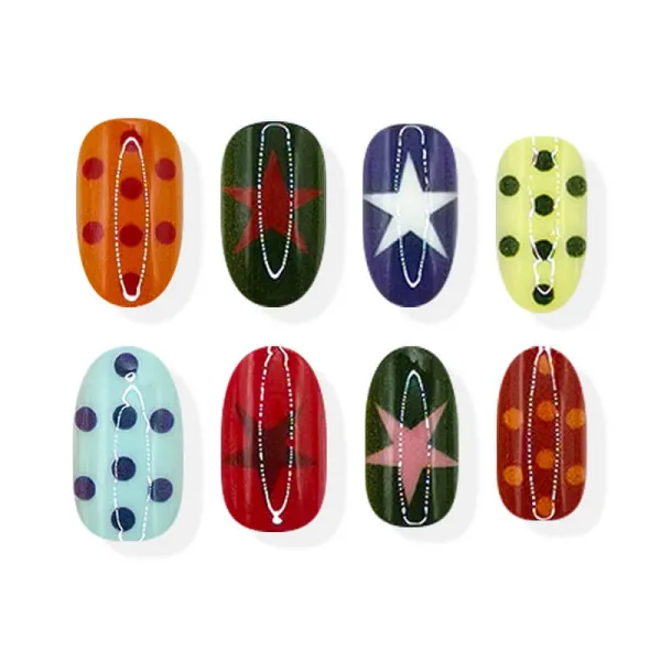 Nailhour 24pcs Short Oval Multicolor Polka Dot & Star Design Press On Nails