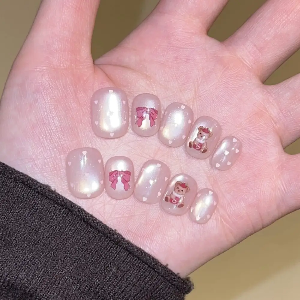 Nailhour 10Pcs Handmade Nude Cat Eye Short Squoval Press On Nails