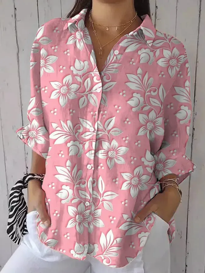 Women's Pink Floral Cotton And Linen Printed Casual Lapel Shirt