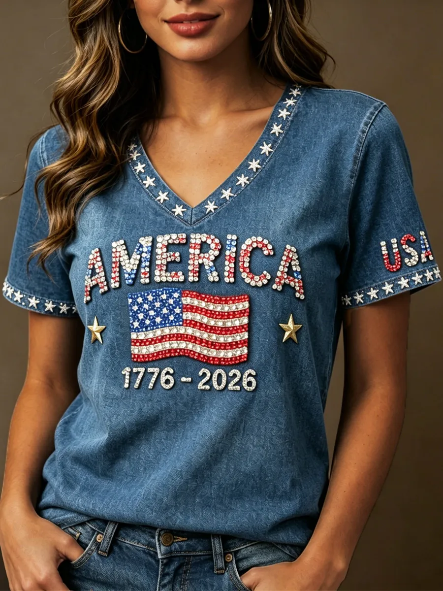 Women's Casual USA 250th Celebration Print Short Sleeve T-shirt