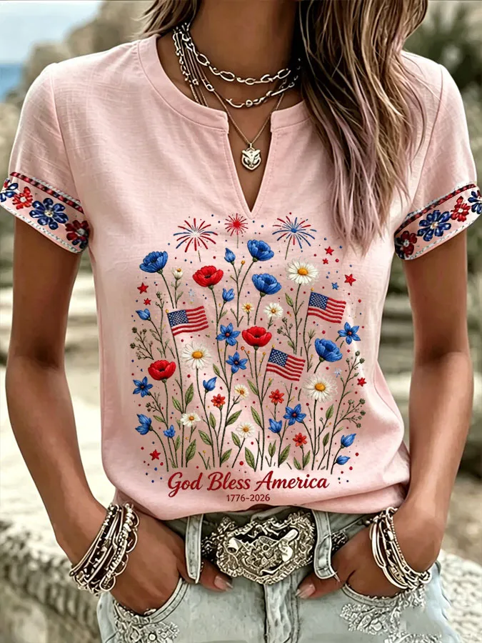 Women'S God Bless America Printed Casual Cotton Linen Short Sleeved Shirt