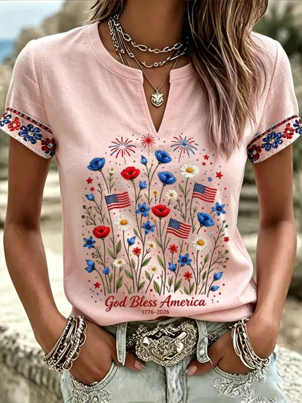 Women'S God Bless America Printed Casual Cotton Linen Short Sleeved Shirt