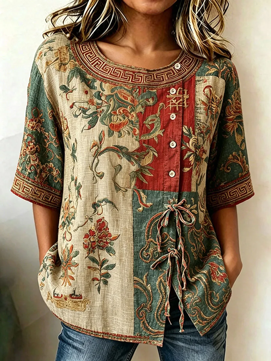 Women'S Casual Print Cotton Linen Top
