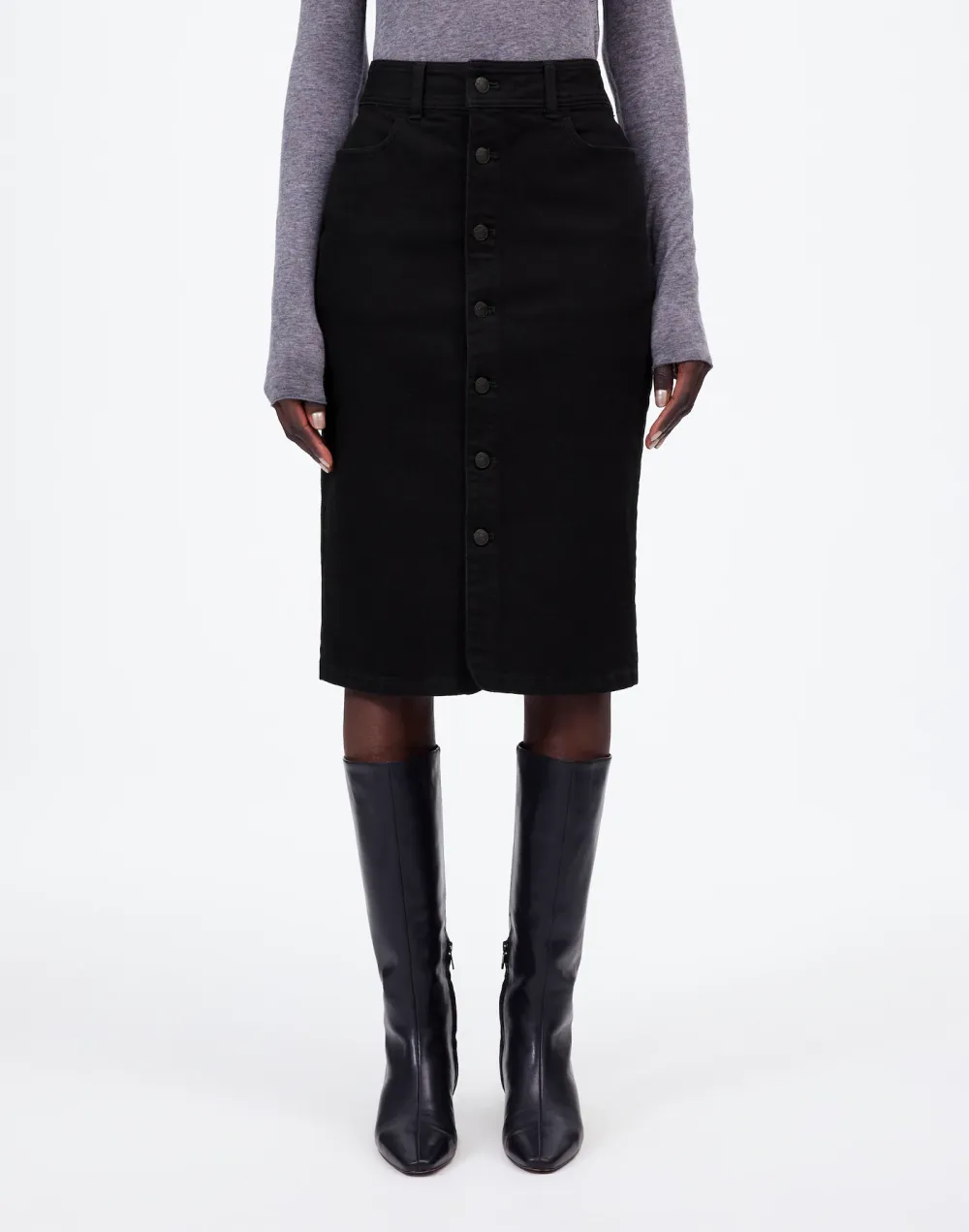 Black Button-Front Denim Midi Skirts