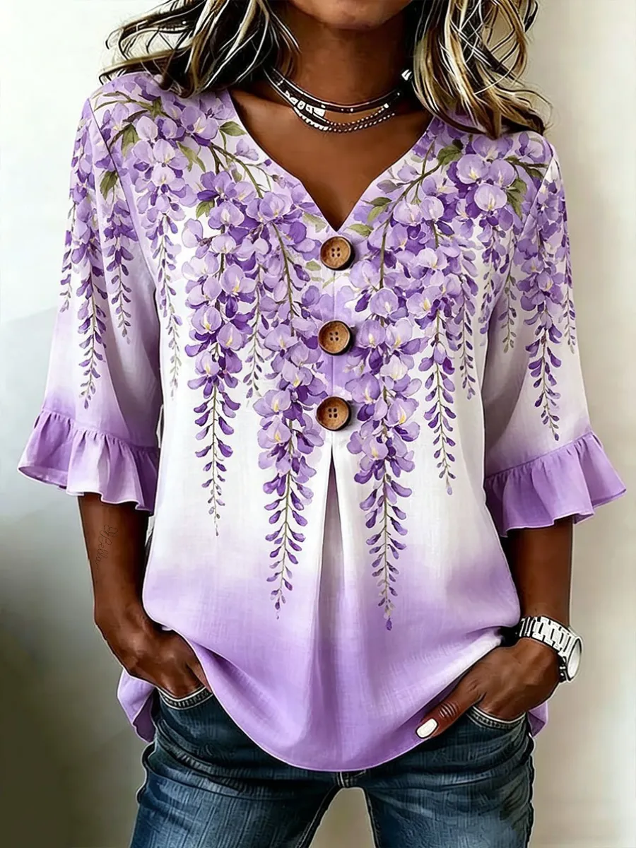 Women's Alzheimer's Disease Awareness Cotton and Linen Printed Casual Top