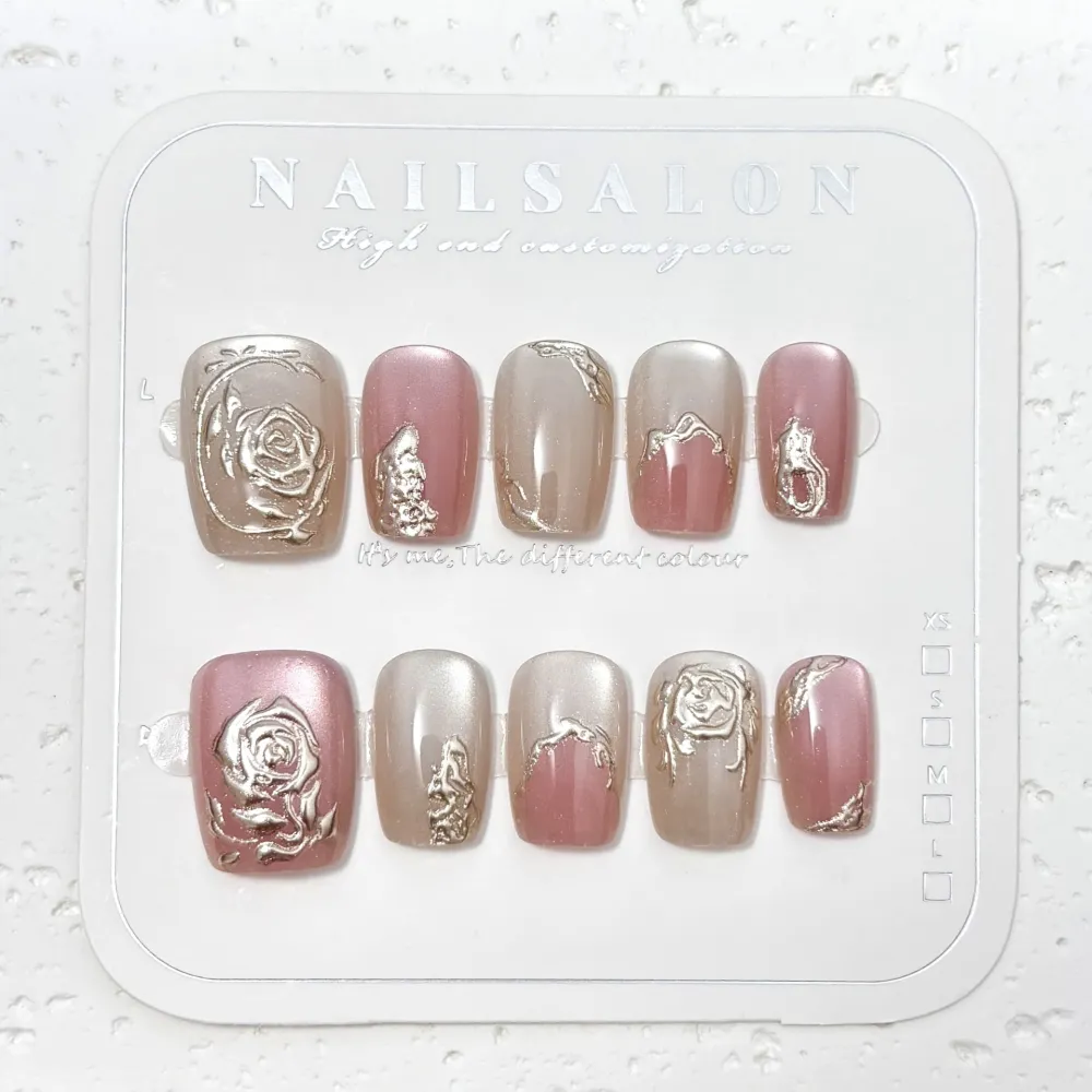 Nailhour 30Pcs Floral Rose Gilded Medium Square French Press On Nails