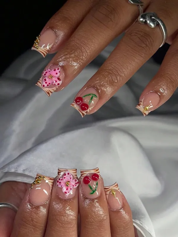 Nailhour 24Pcs French 3D Flower Cherry Nail Art Acrylic Press-On Nails