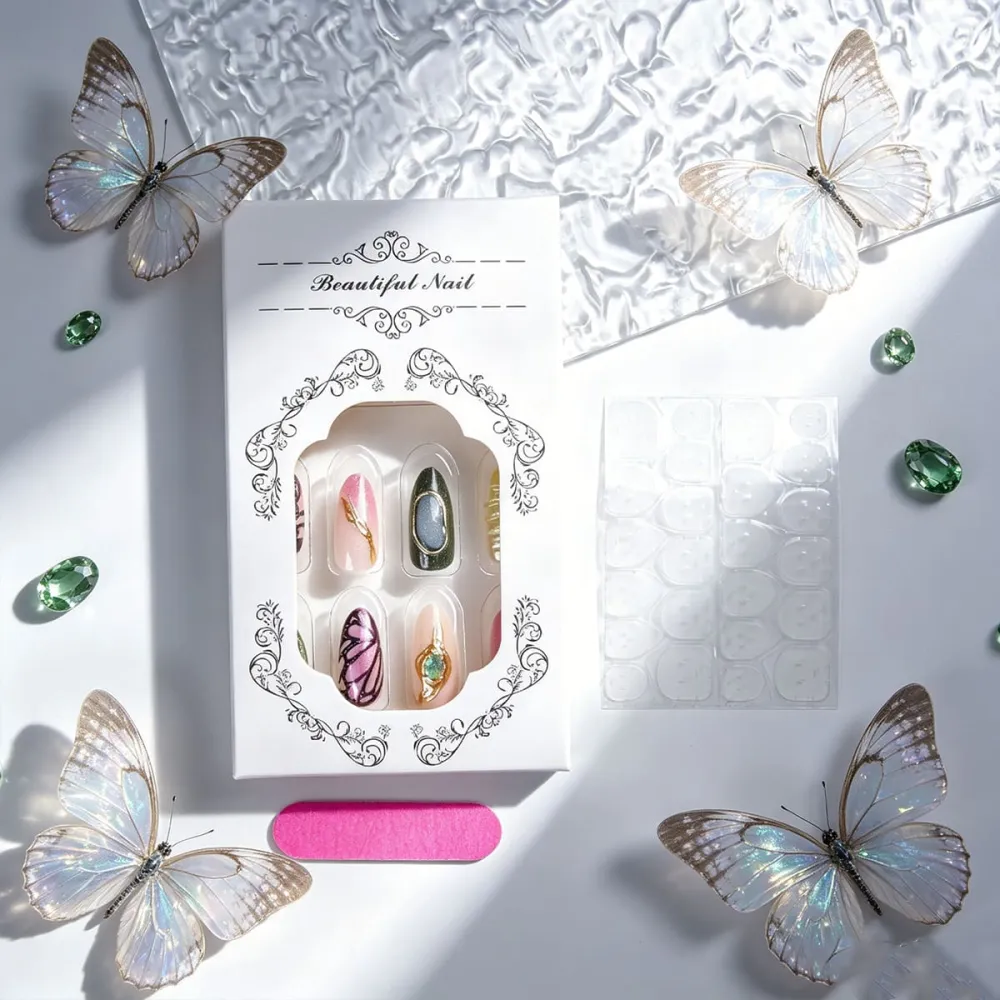 Nailhour 30Pcs Handmade Butterfly 3D Medium Almond French Press On Nails