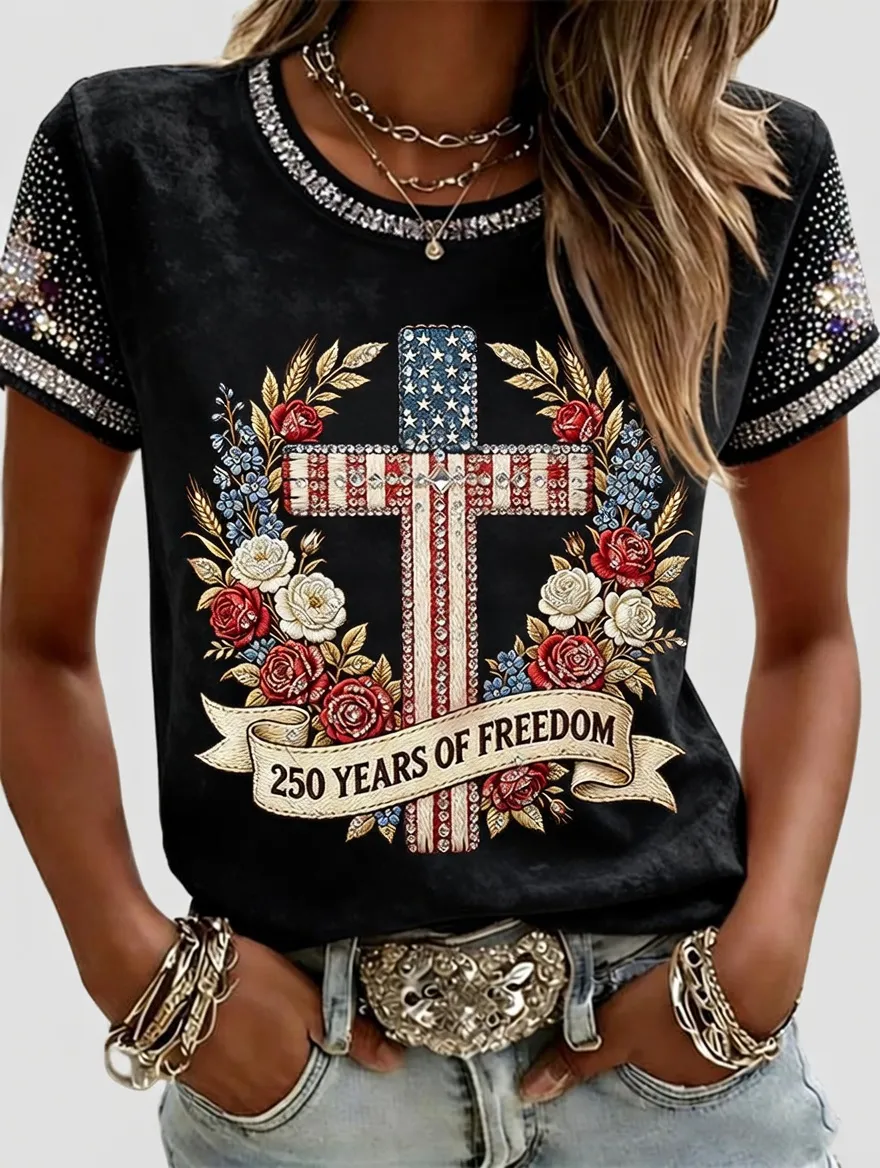 American 250th Anniversary Rhinestone Design Women's T-Shirt