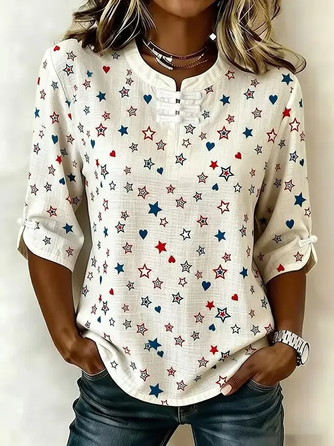 Women's Retro American Flag Print Button-Up Top