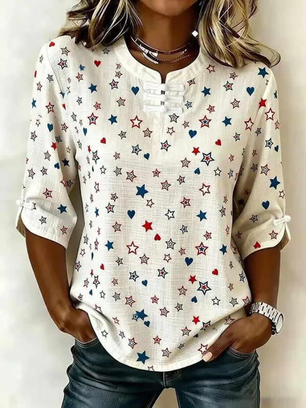 Women's Retro American Flag Print Button-Up Top