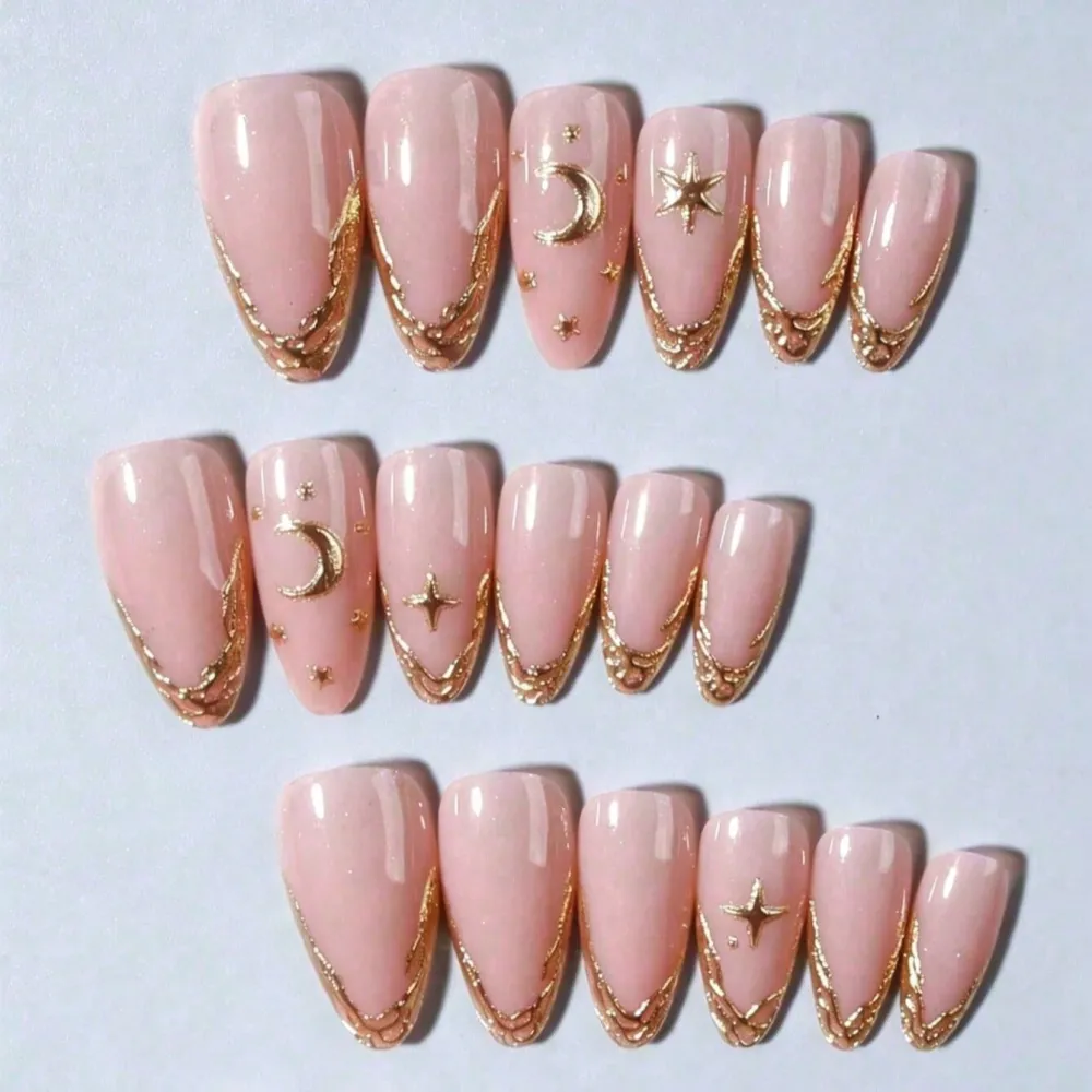 Nailhour 30Pcs Daily 3D Gilded French Medium Almond Press On Nails