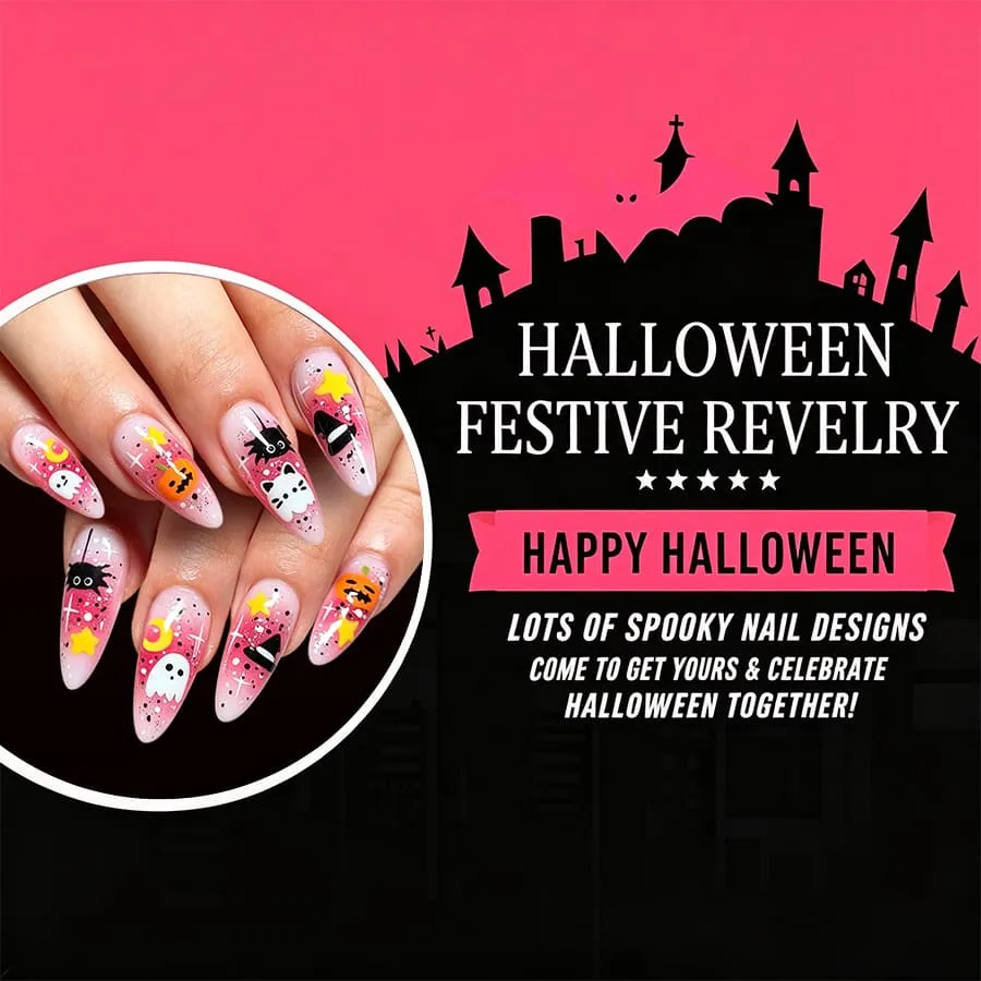 Nailhour 24Pcs Pink Halloween Cute Ghost Long Almond Press On Nails
