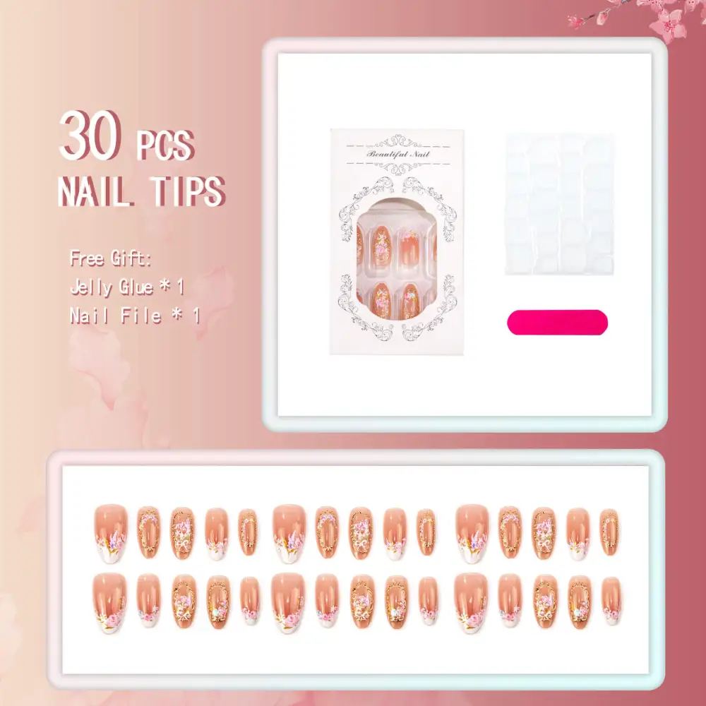 Nailhour 30Pcs Nude French Floral Medium Almond Press On Nails