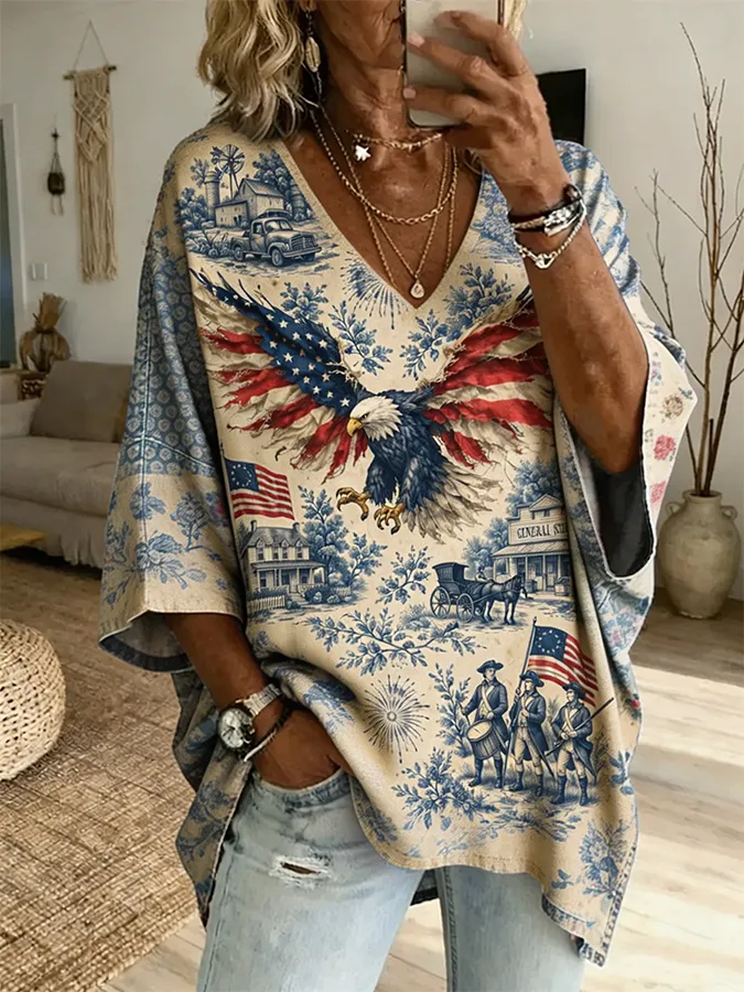 Women'S Vintage Rural Patriotic Eagle American Flag Print Loose V-Neck Blouse