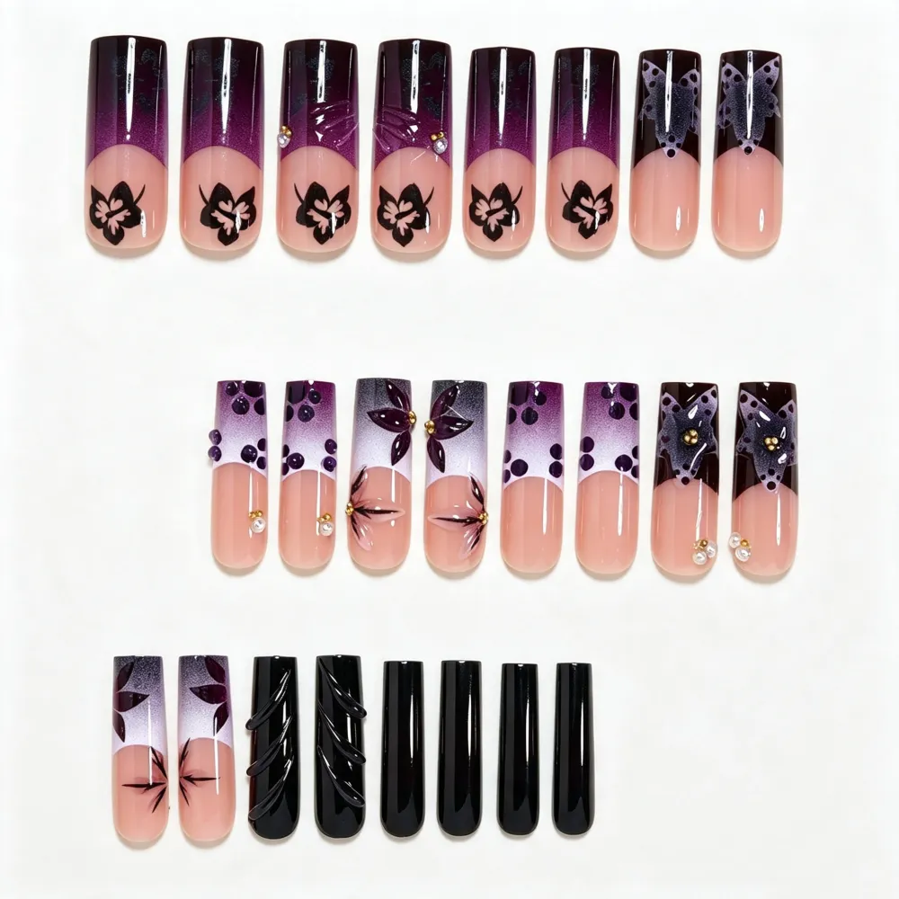 Nailhour 24Pcs 3D Purple Floral Extra Long Square Press On Nails