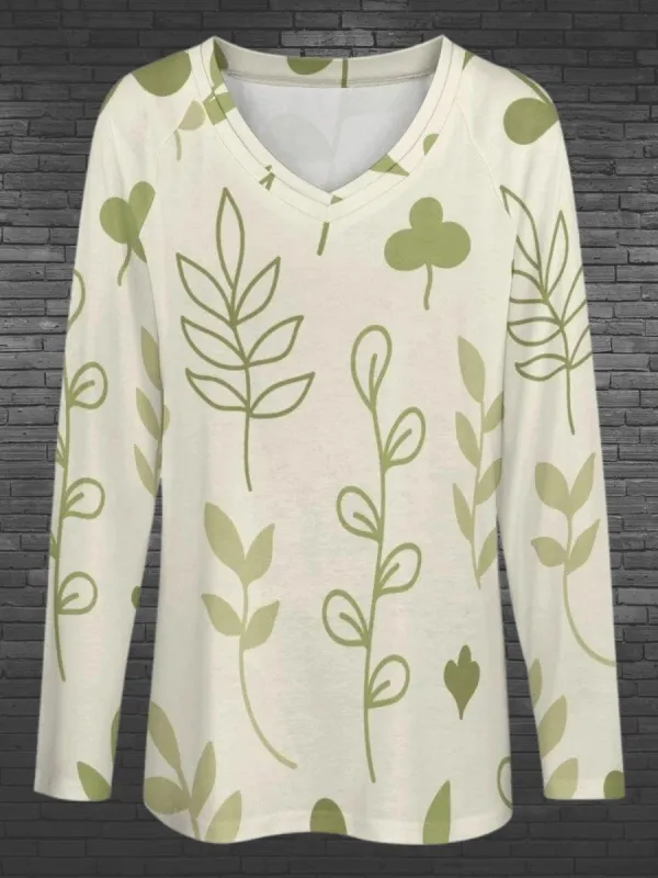 Botanical Print V-Neck T-Shirt