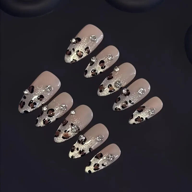 Nailhour 10Pcs French Rhinestone Glitter Minimalist Medium Oval Press On Nails