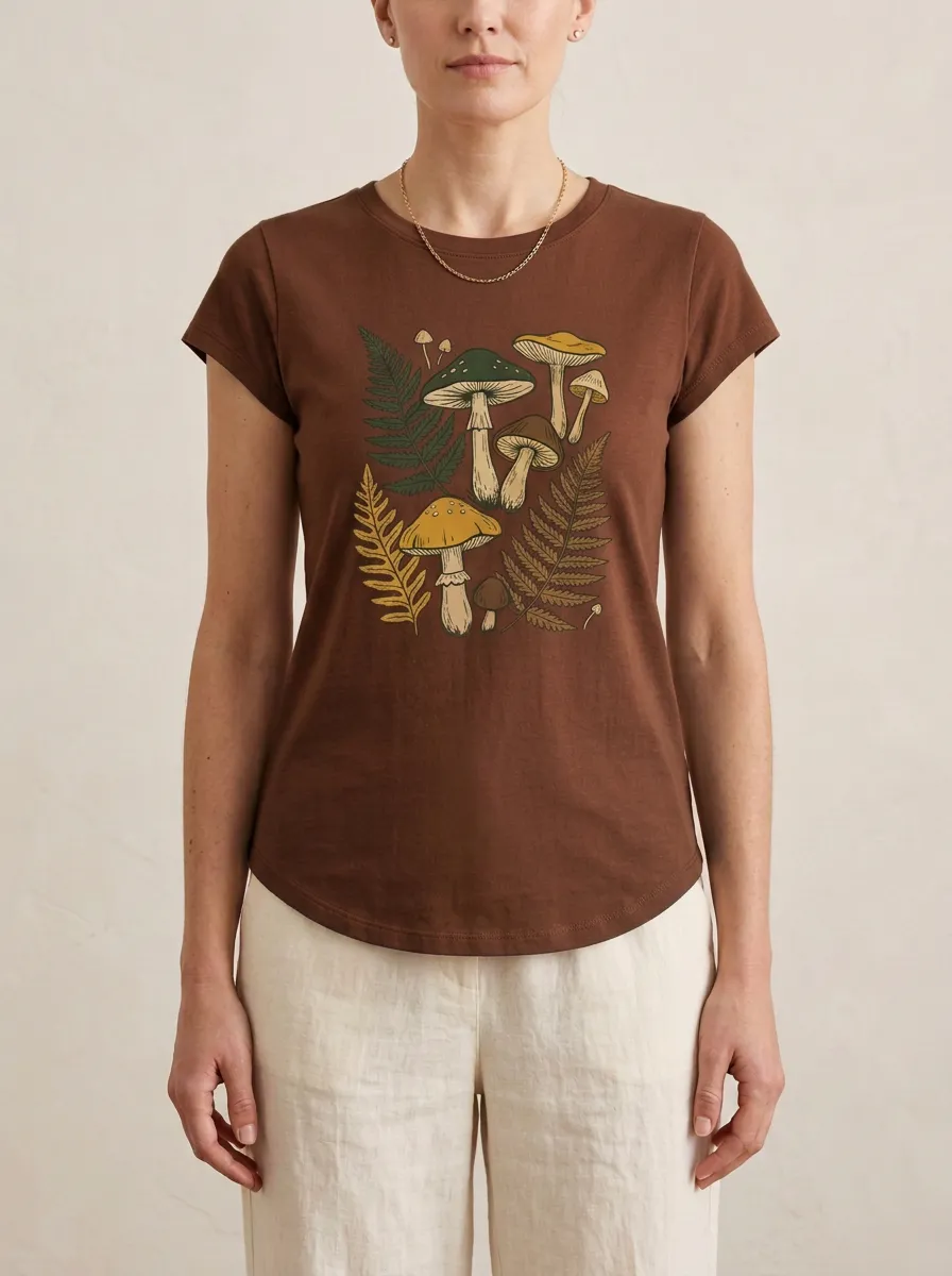 Relaxed Mushroom Fern Printed Women's Graphic T-Shirt