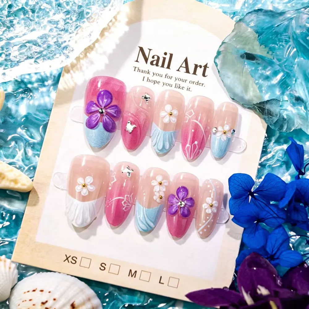 Nailhour 30Pcs Floral Medium 3D Almond French Press On Nails
