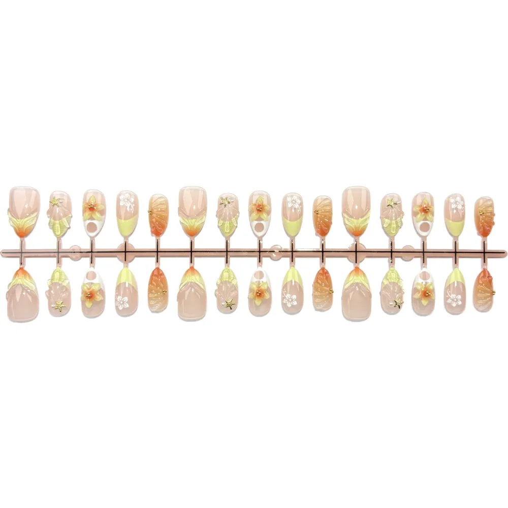 Nailhour 30Pcs Pearl Shell Floral 3D Medium Almond French Press On Nails