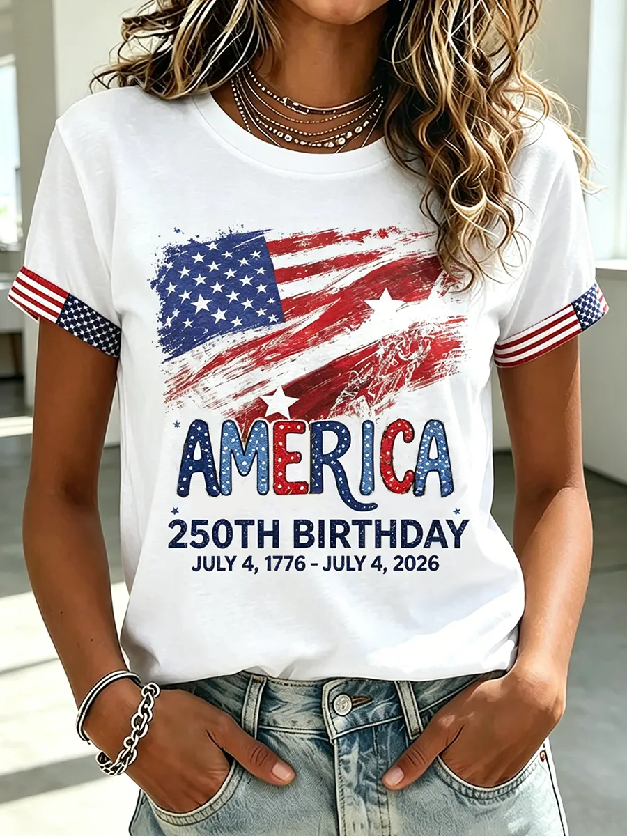 Ladies' Casual American Commemorative Printed Embroidered Personalized Printed Round Neck Short Sleeved T-Shirt