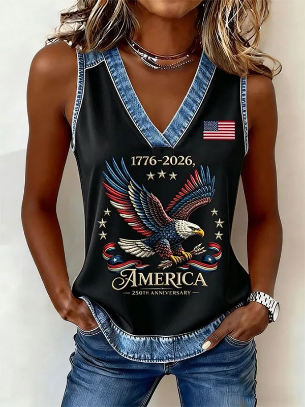 Women'S American Flag Independence Day 250Th Anniversary Printed Sleeveless Top