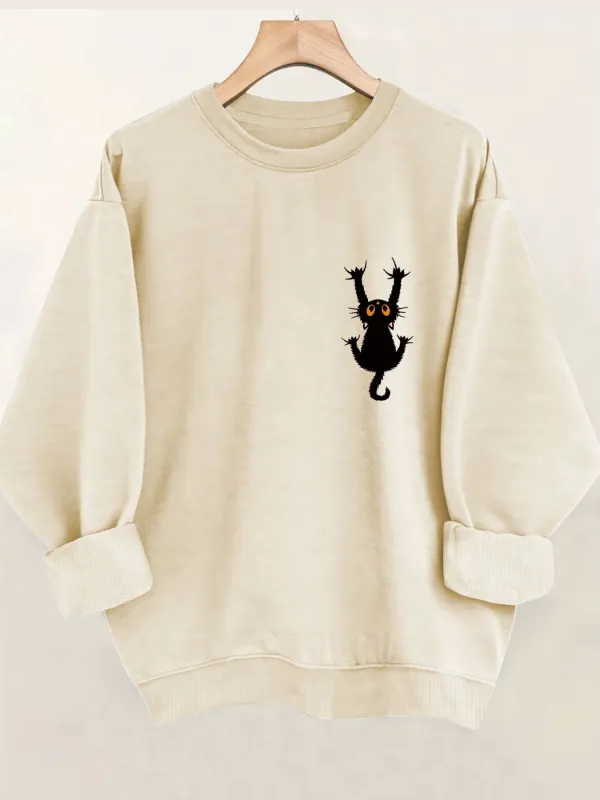 Cartoon Style With A Black Cat Print Long Sleeve Women Sweatshirt