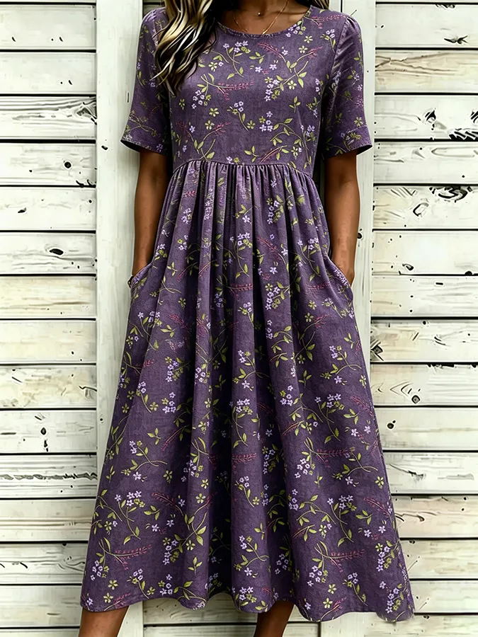 Women's Alzheimer's Awareness Floral Prints Cotton Linen Short-Sleeved Dress