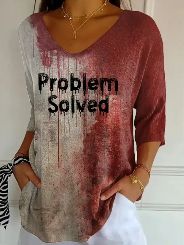 Women'S Bloody Problem Solved Halloween Print Striped Fabric Casual V-Neck T-Shirt